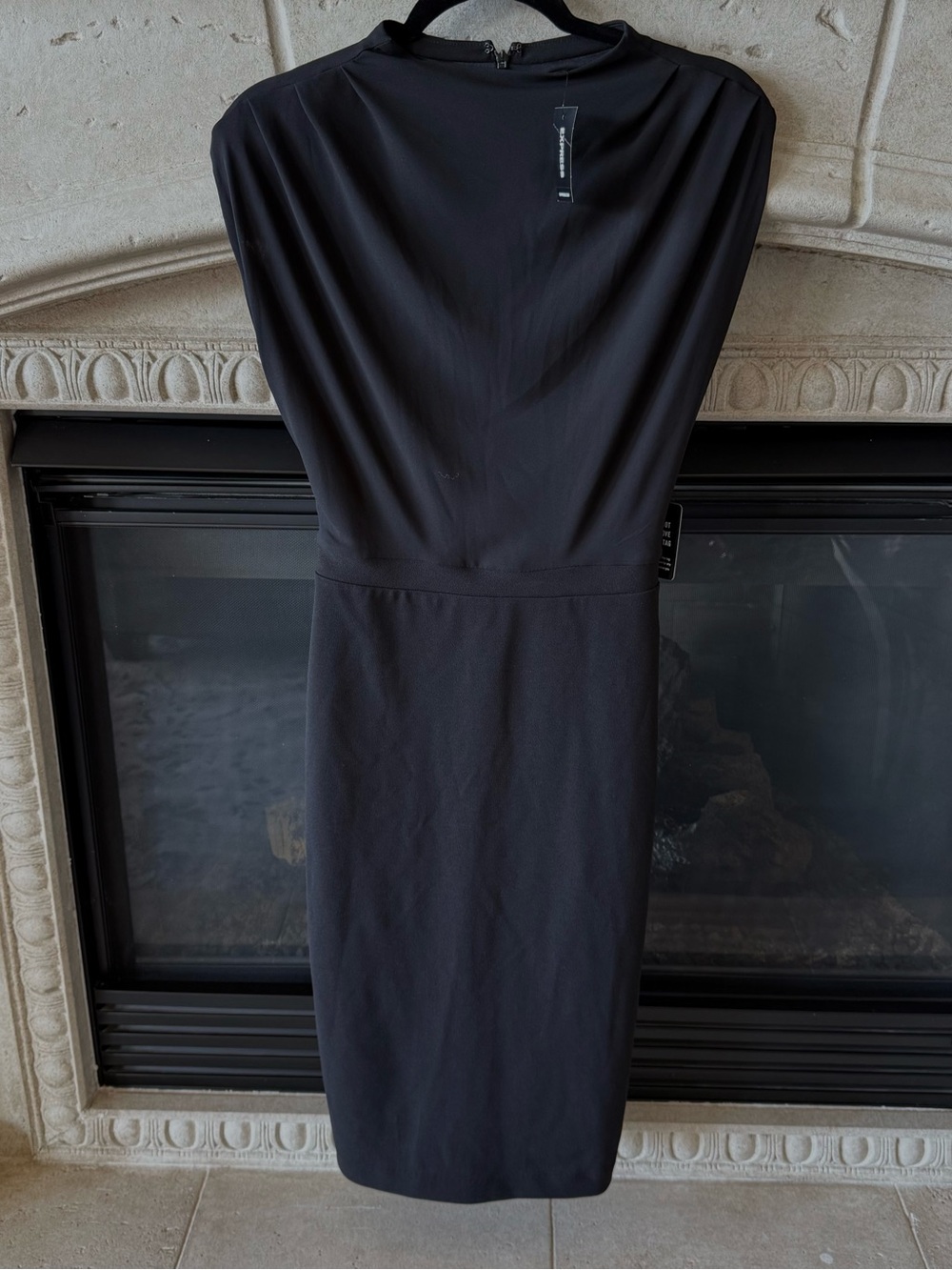 Express Black Midi Sheath Dress with Subtle Shoulder Drape